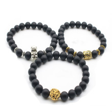 Wholesale natural stone black agate matte bracelet with golden lion head